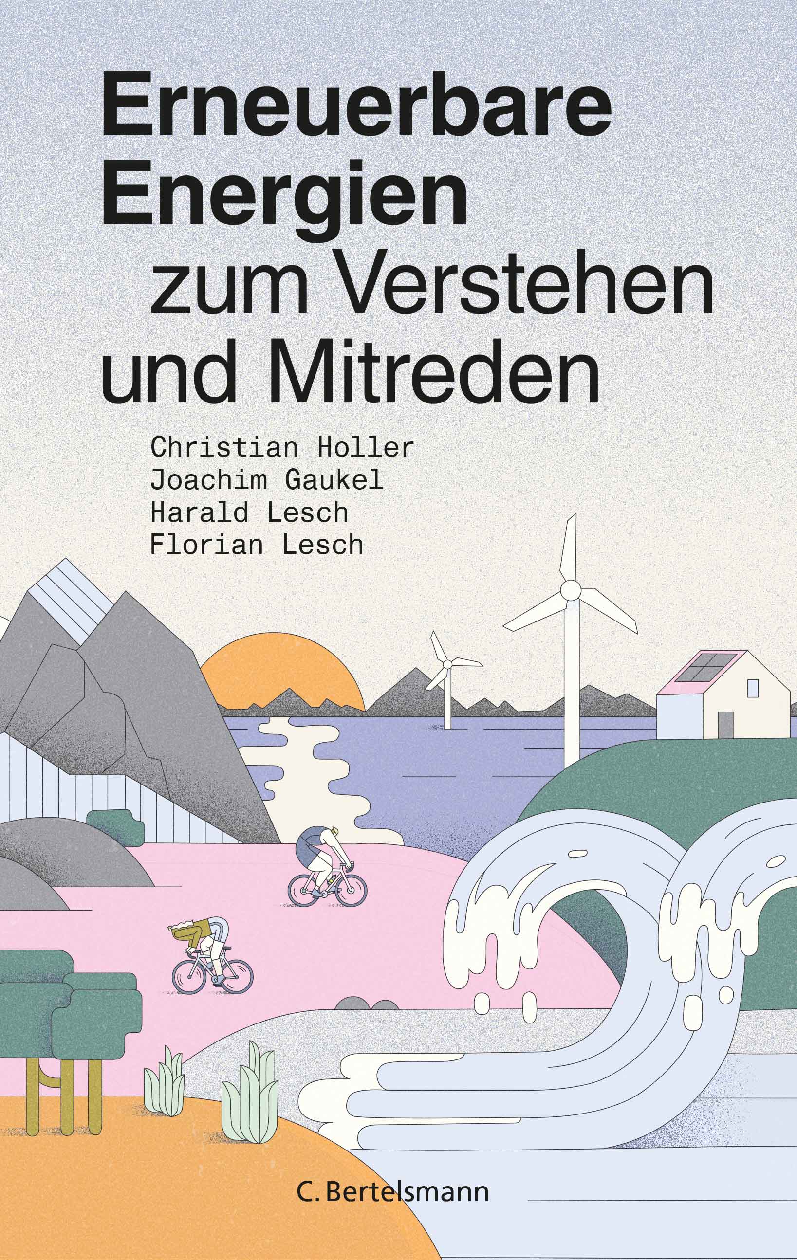 Das Buchcover zeigt eine gezeichnete Küstenlandschaft mit auftürmenden Wellen und Fahrradfahrern auf einem Hügel. Im Hintergrund sind Windräder zu sehen.
