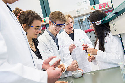 Drei Studierende stellen Pulverlacke im Labor her, während sich eine Studentin mit einer Professorin unterhält.