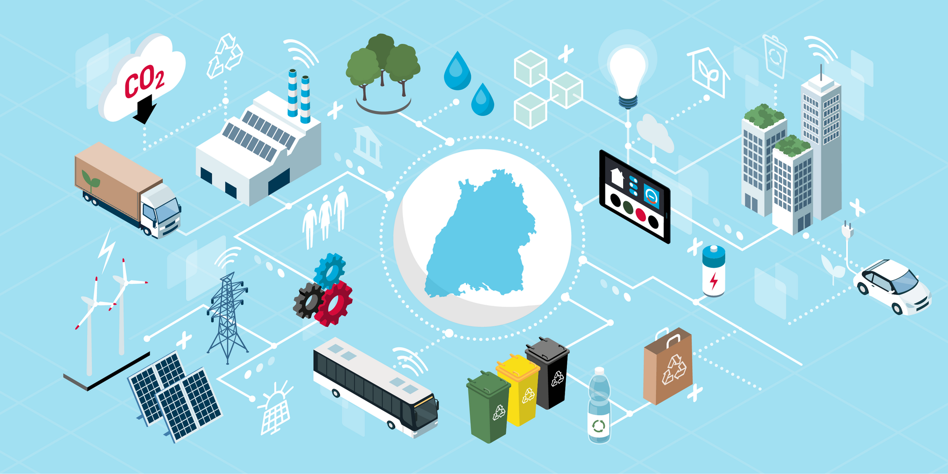 In einem Kreis in der Mitte ist der Umriss von Baden-Württemberg abgebildet. Drumherum führen Linien zu verschiedenen Darstellungen u.a. einem LKW, einer Fabrik, Hochhäusern, einer Batterie, Mülltonnen und Stromgeneratoren.