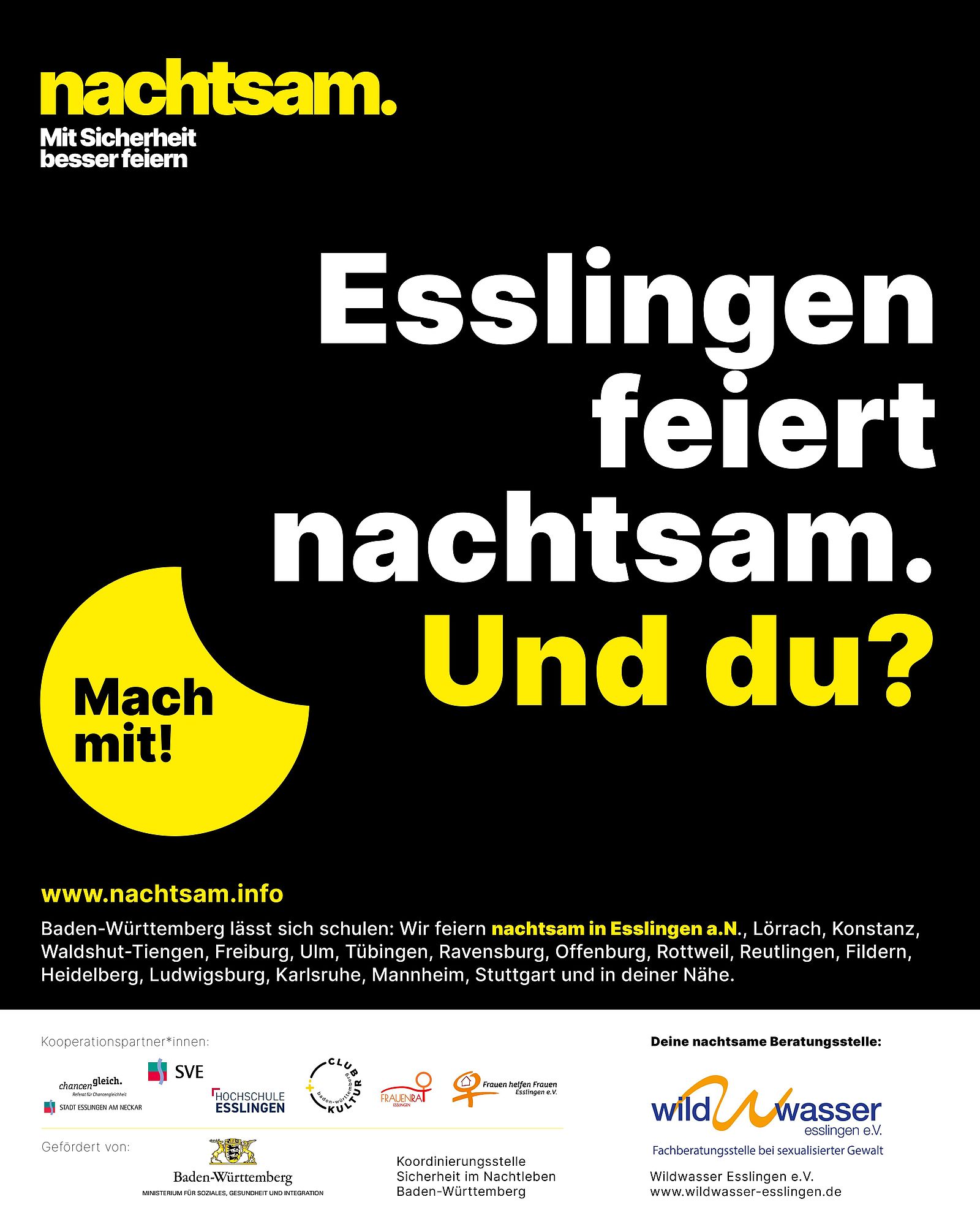 Plakat der Kampagne Nachtsam mit Kooperationspartnern.