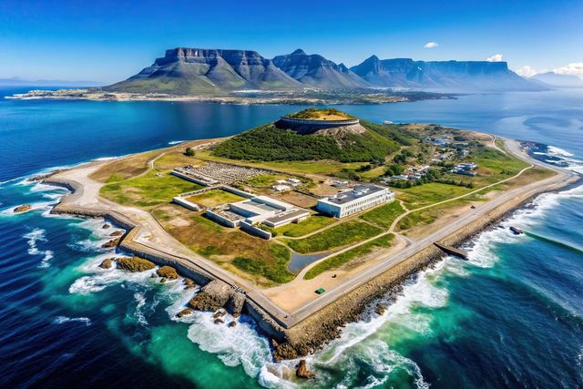 Historic prison tour on Robben Island with view of Table Mountain