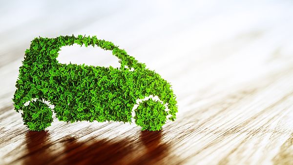 Ein kleines symbolhaftes Auto wird durch grüne Blätter dargestellt