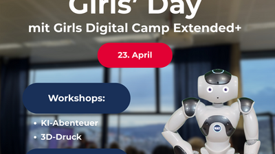 Plakat Girls' Day 2026  - 23. April - workshops und Technik Stationen und mehr mit Girls Digital Camp Extended+