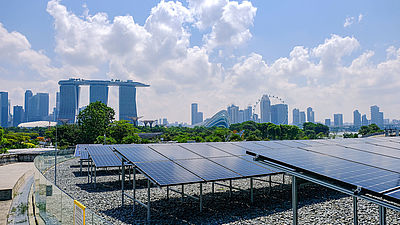 View of solar panels in The Solar Park at Marina Barrage, with M