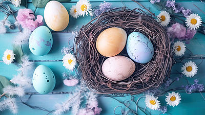 Auf einem blauen Untergrund liegt ein Nest mit bunten Ostereiern.