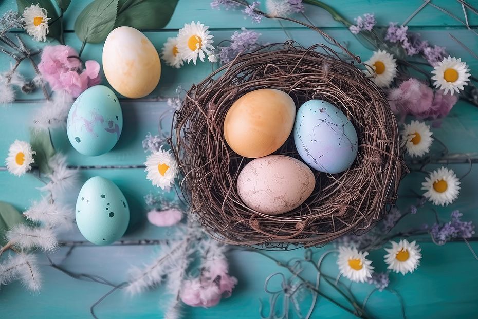 Happy easter! Colourful of Easter eggs in the nest with flower o