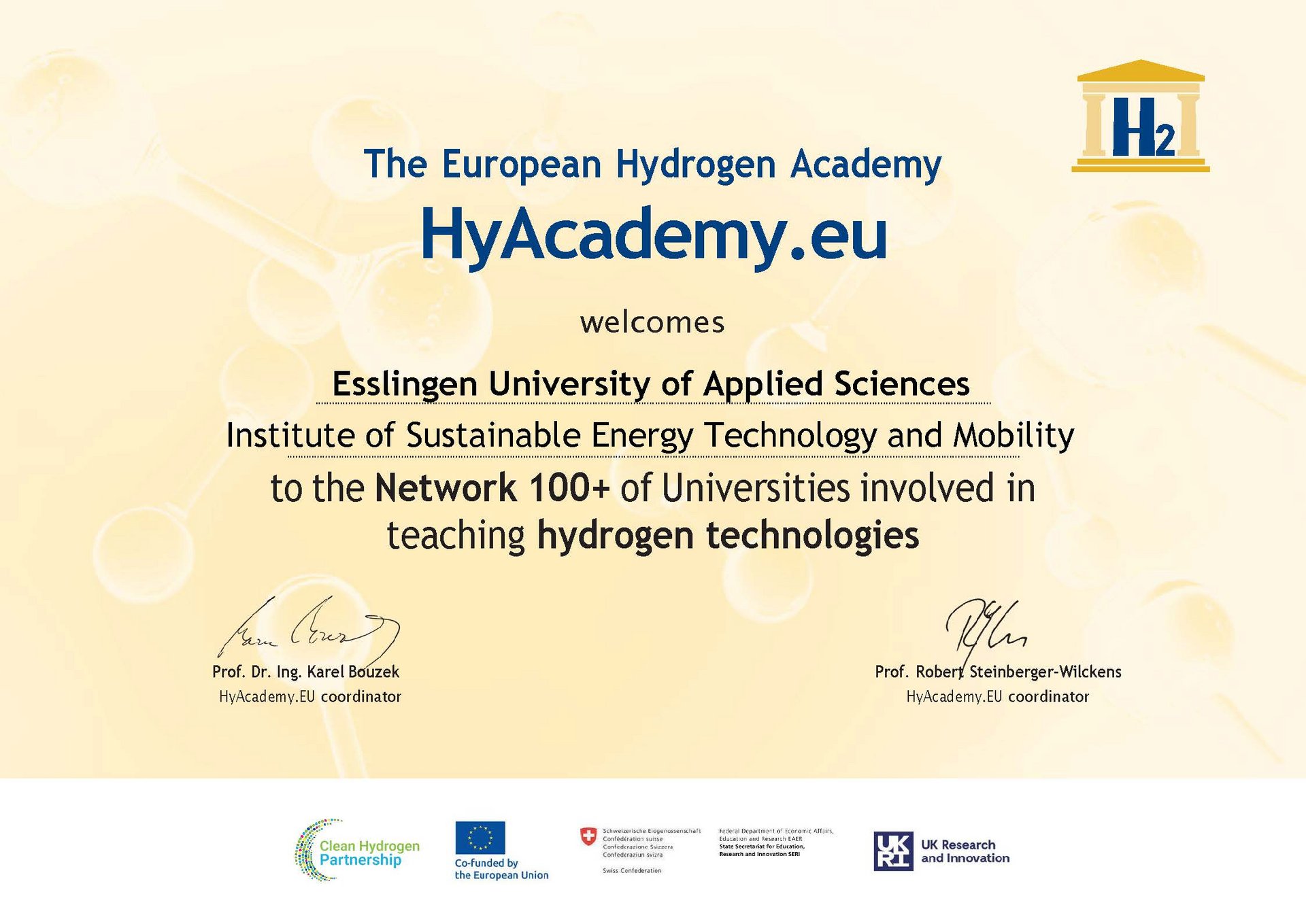 Urkunde der Hochschule &uuml;ber die Mitgliedschaft in der HyAcademy