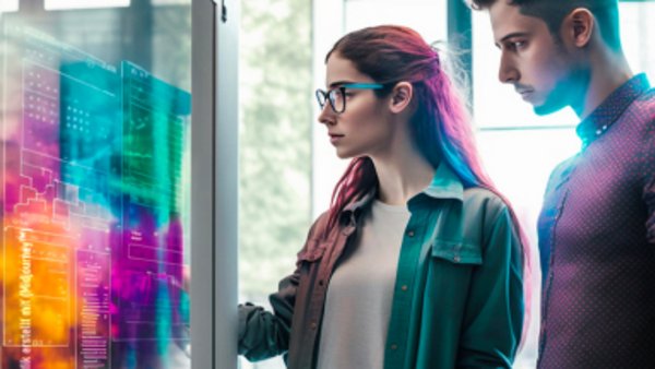 Zwei Personen vor einem Bildschirm