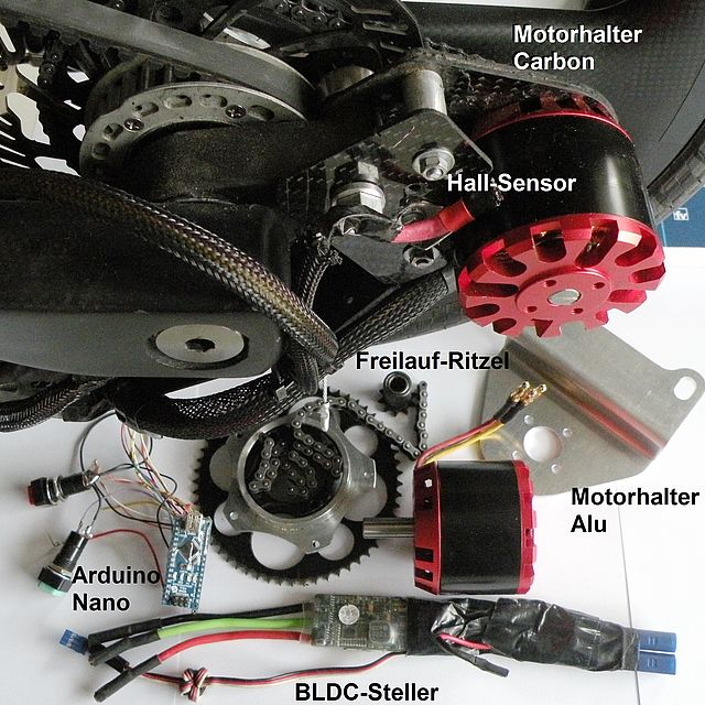 The single parts of an Outrunner-E-Drive at the rear wheel: Mootrholdercarbon, Motorholder Alu, Hall-Sensor, Freewheel-Rizel, Arduino-Nano, BLDC-Steller