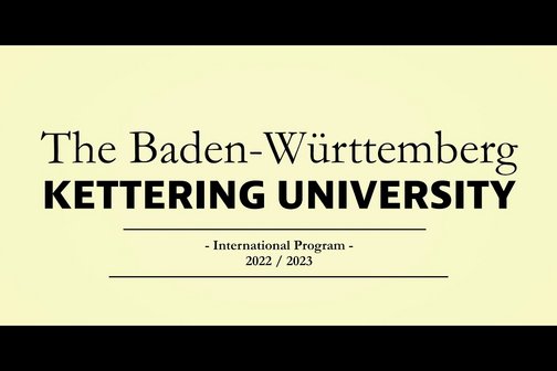 Text on yellow background, opening image from promotional film about exchange program with Kettering University; video and image from Esslingen University of Applied Sciences, YouTube link