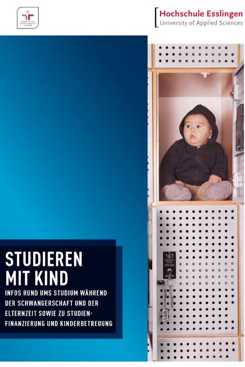 Cover der Broschüre "Studieren mit Kind", darauf sitzt ein Baby in einem Schrankfach 