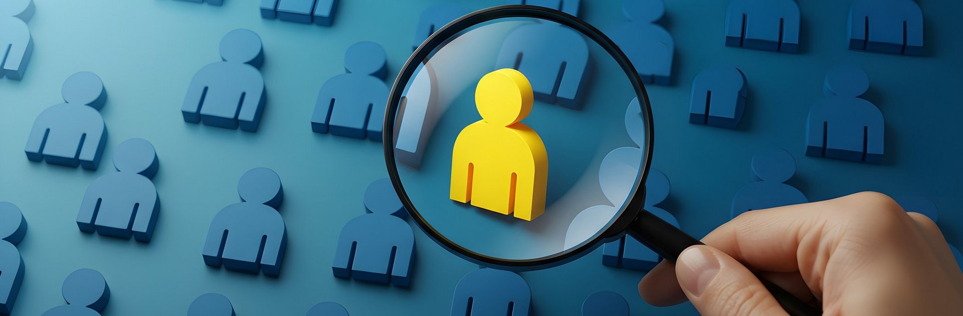 Eine Hand h&auml;lt eine Lupe &uuml;ber eine gelbe Figur und w&auml;hlt sie aus einer Menge blauer Figuren aus.