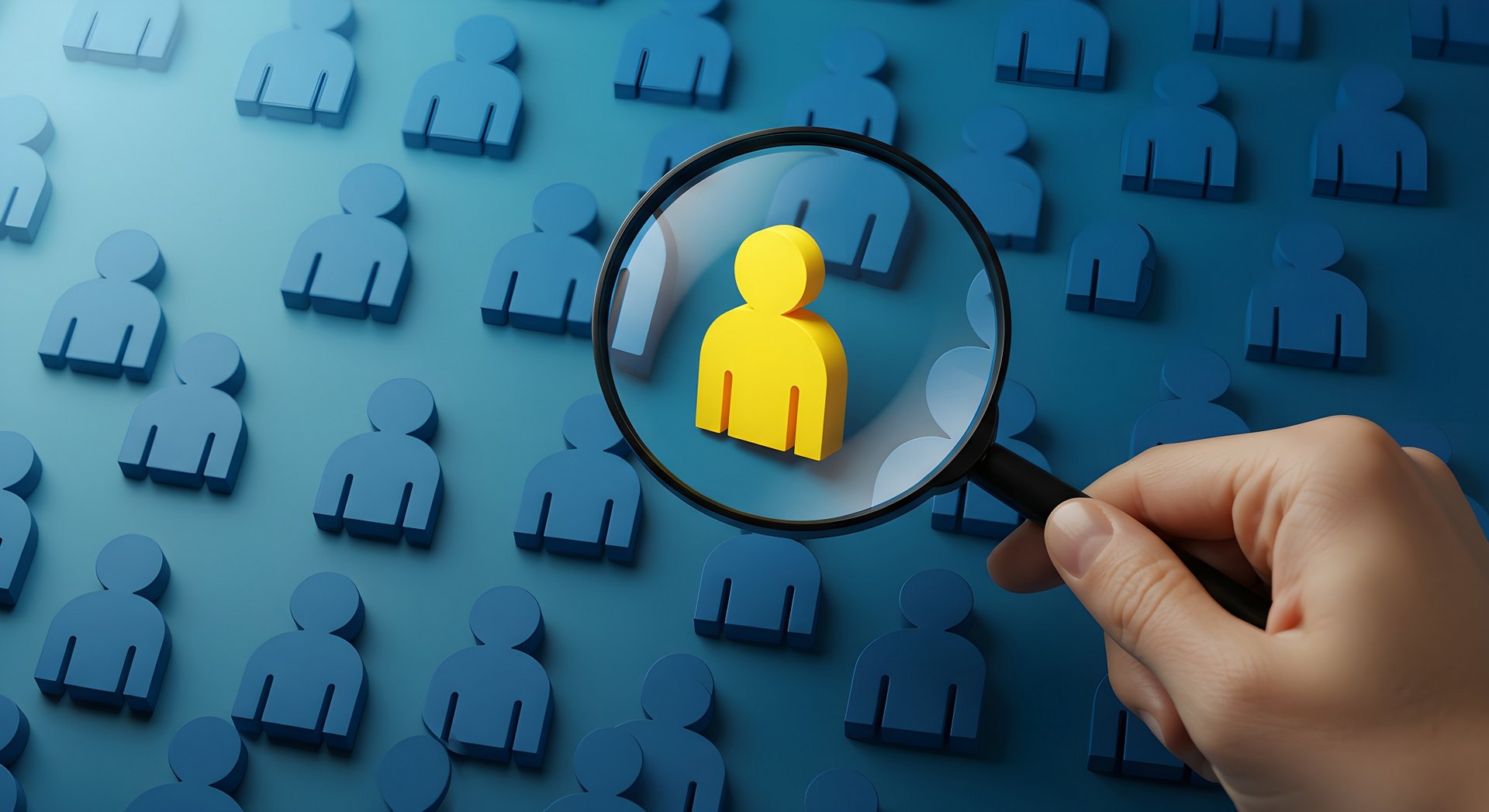 Eine Hand h&auml;lt eine Lupe &uuml;ber eine gelbe Figur und w&auml;hlt sie aus einer Menge blauer Figuren aus.