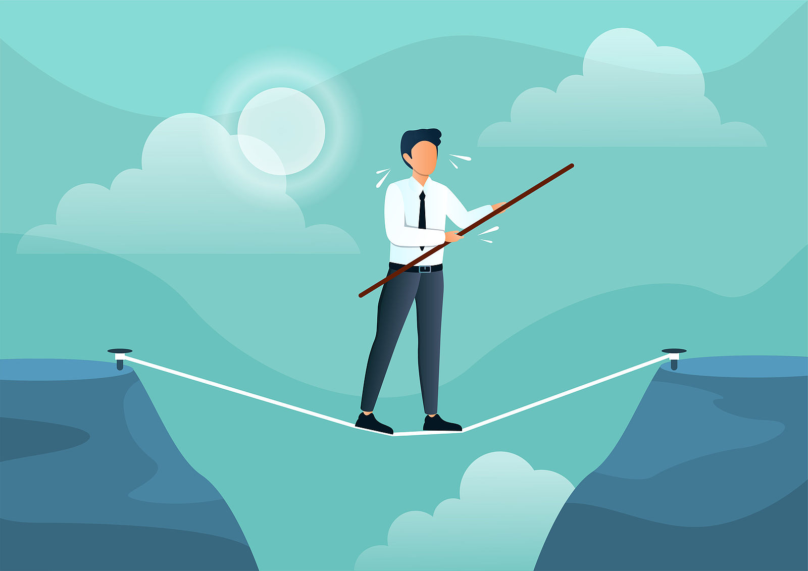 Businessman walks on a tightrope with a stick. Man is balancing on a rope to get to the other side. Businessman is trying to overcome troubles and hard times. Flat cartoon vector illustration