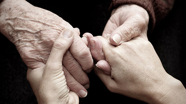 Close up of an old person and a young person holding hands 