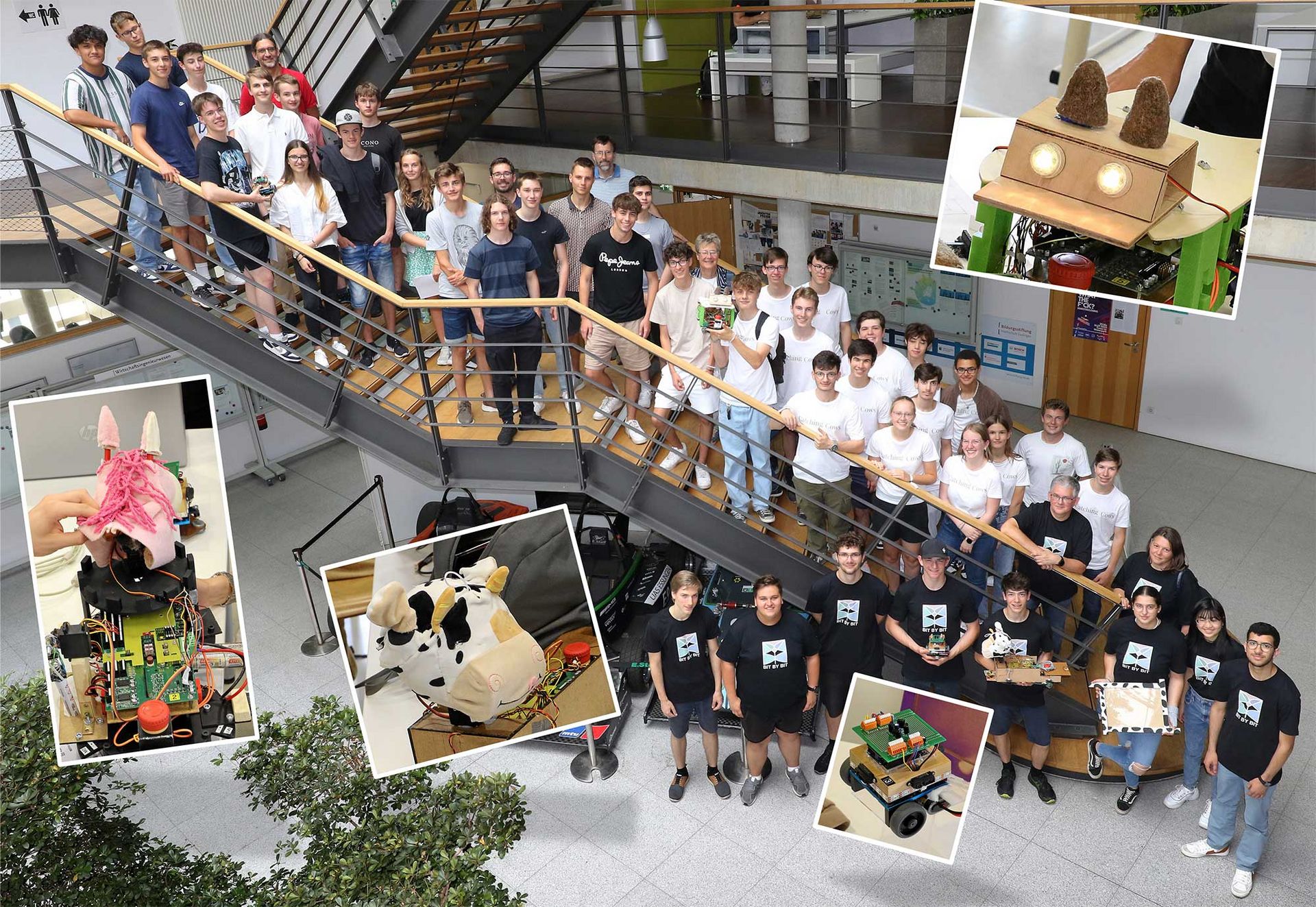 Die Schülerinnen und Schüler der Schüler-Ingenieur-Akademie am Campus Göppingen stehen auf einer Treppe und präsentieren ihre Fahrzeuge.