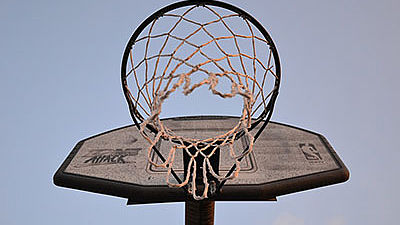 Basketball hoop photographed from below