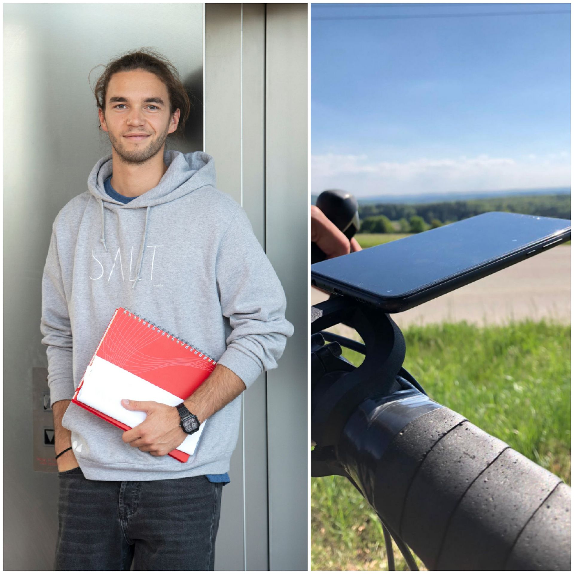 Collage junger Mann und Smartphone am Fahrradlenker