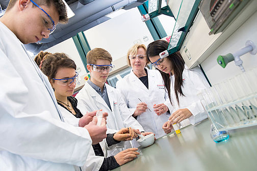 Vier Studierende arbeiten zusammen mit einer Professorin an Pulverlacken im Labor.
