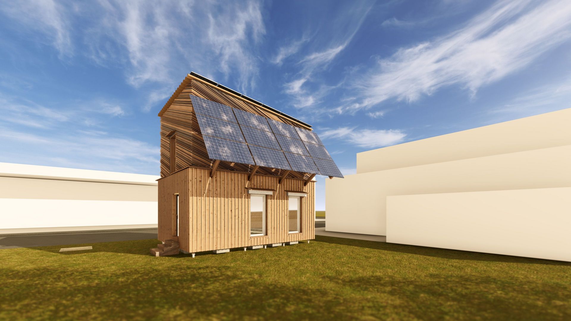 Visualisierte Darstellung eines geplanten Holzhauses am Campus Göppingen der Hochschule Esslingen