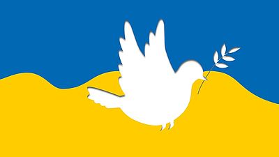Ukrainische Flagge mit symbolisierter Friedenstaube