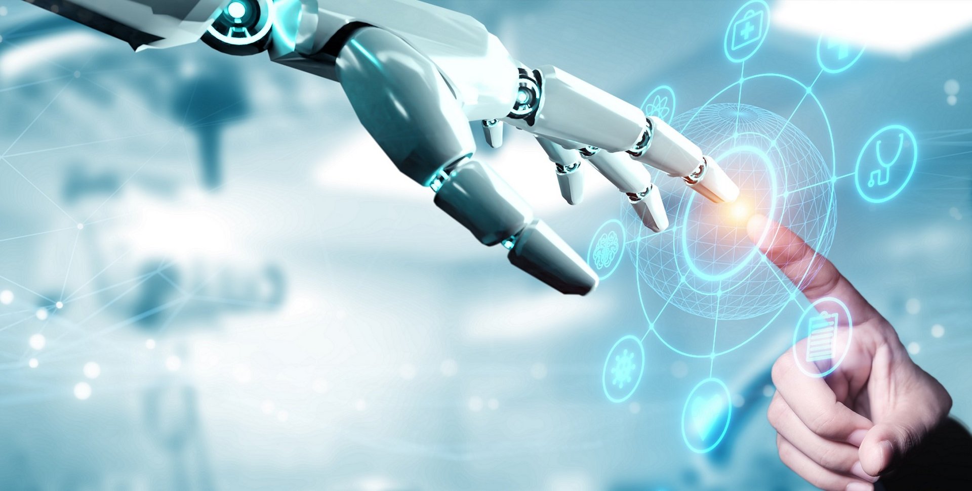 Robot hand ai artificial intelligence assistance for medical hea Roboterhand und menschliche Hand berühren sich