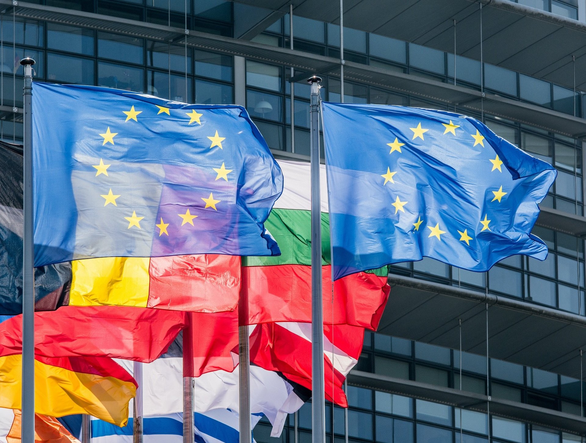 Zwei Europaflaggen im Vordergrund, im Hintergrund andere nationale Flaggen