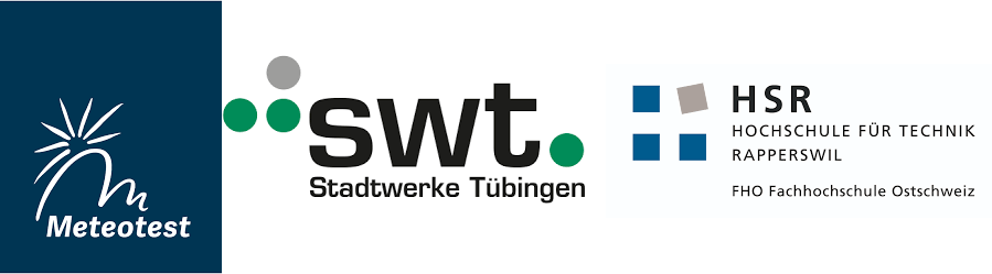 Logos der Projektpartner (von links nach rechts) Meteotest, Stadtwerke Tübingen, Hochschule für Technik Rapperswil