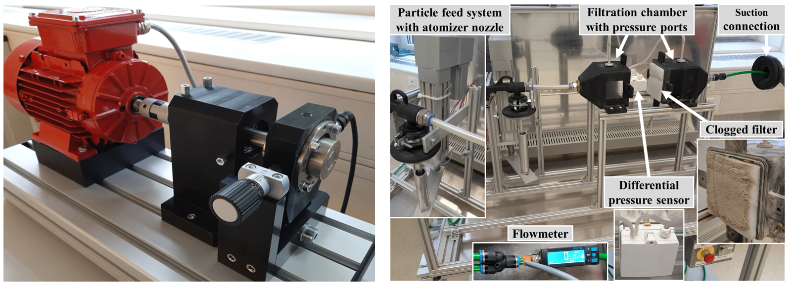 The image shows two test benches at the institute. One test bench enables vibration analysis of roller bearings. The other test bench is used for the rapid and flexible generation of degradation data.