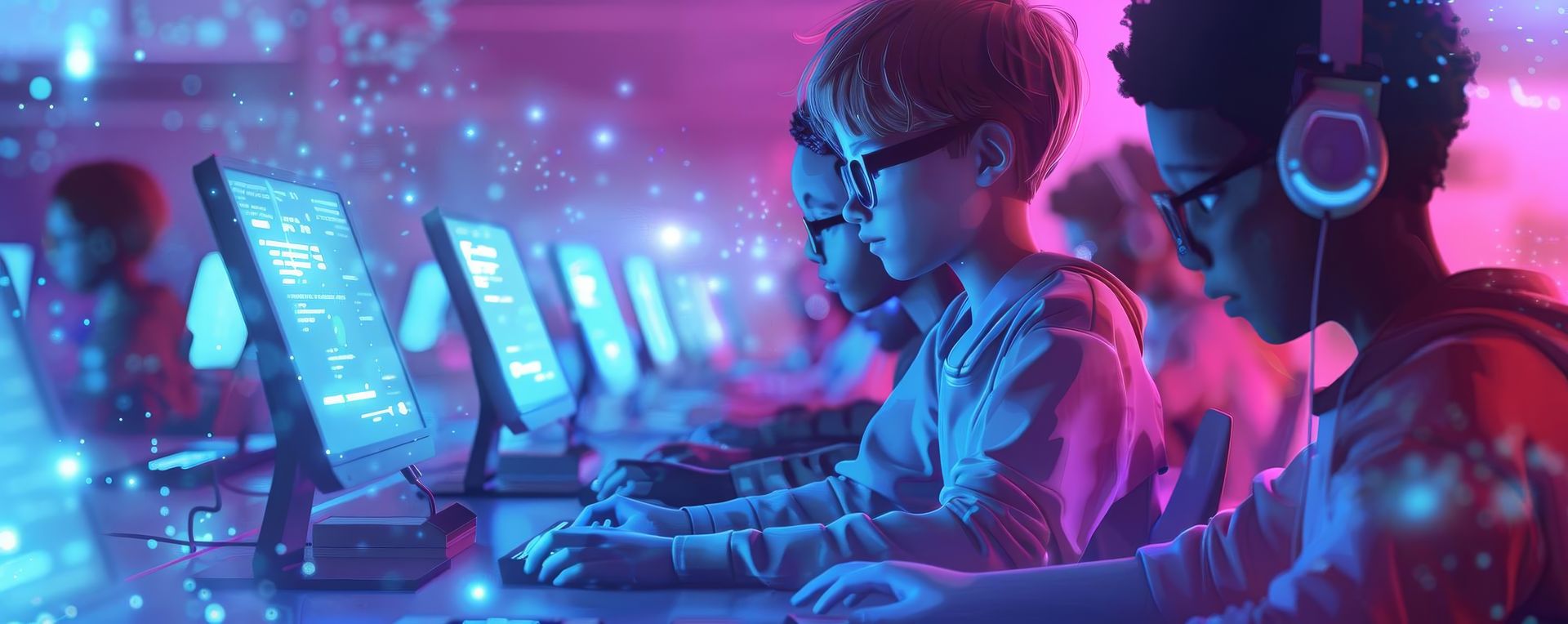 Engaging image of students in a computer lab, learning to code and use digital tools, emphasizing the importance of technology in modern education Engaging image of students in a computer lab, learning to code and use digital tools, emphasizing the importance of technology in modern education