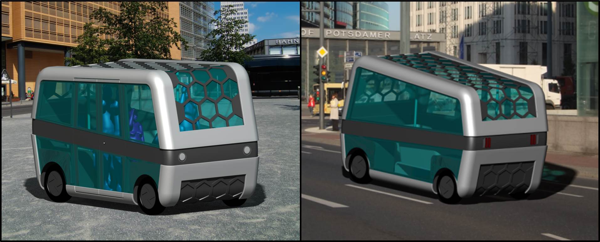 [Translate to Englisch:] Abbildung 3: Rendering CAD-Modell, Ansicht von Vorne (links) und Ansicht von Hinten (rechts)