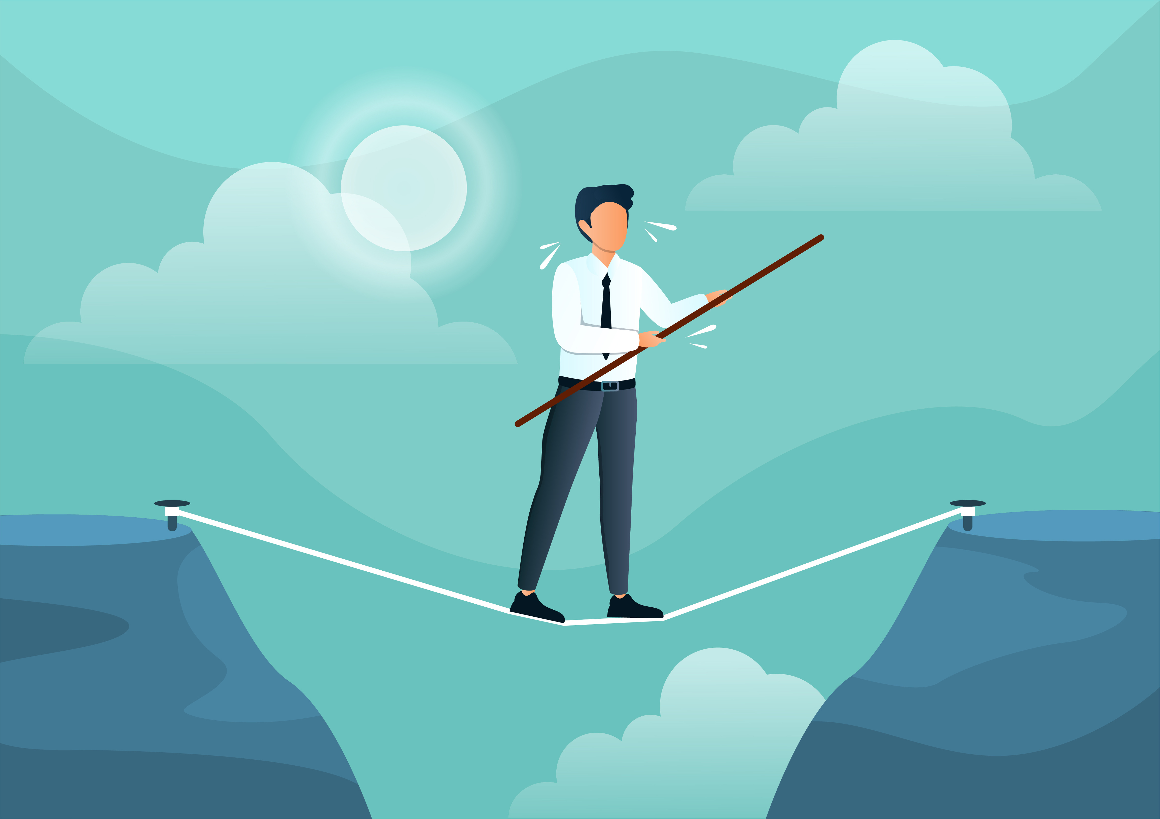Businessman walks on a tightrope with a stick. Man is balancing on a rope to get to the other side. Businessman is trying to overcome troubles and hard times. Flat cartoon vector illustration Businessman walks on a tightrope with a stick. Man is balancing on a rope to get to the other side. Businessman is trying to overcome troubles and hard times. Flat cartoon vector illustration