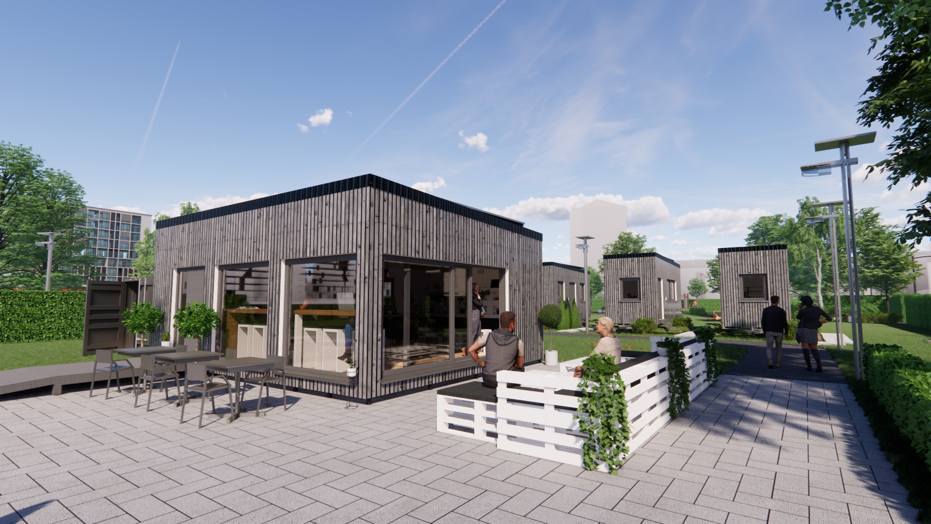 Computerabbildung von einer Tiny House Siedlung