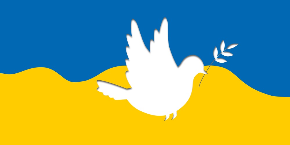 Ukrainische Flagge mit symbolisierter Friedenstaube