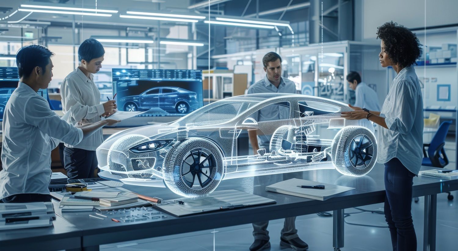 Kontrukteur:innen stehen vor dem virtuellen Modell eines Autos